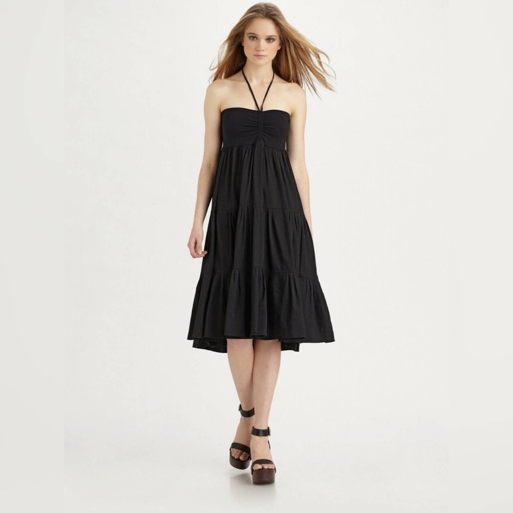 Theory Melcia Sweetheart Halter Linen Blend Knee Length Black Dress One Size